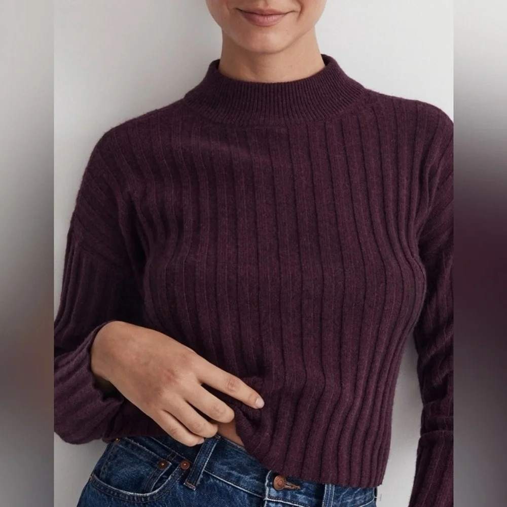 Madewell NWT Mockneck Ribbed Wool Blend Cropped Sweater Plum Purple NM625 XS
